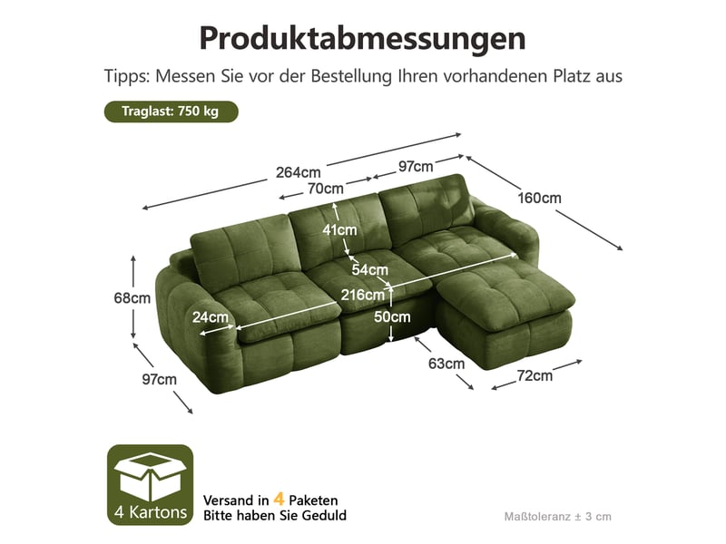  Canapé modulable sans cadre en l 3 places vert, chenille, mousse 32d, avec 1 pouf, sans montage  - Conforama C