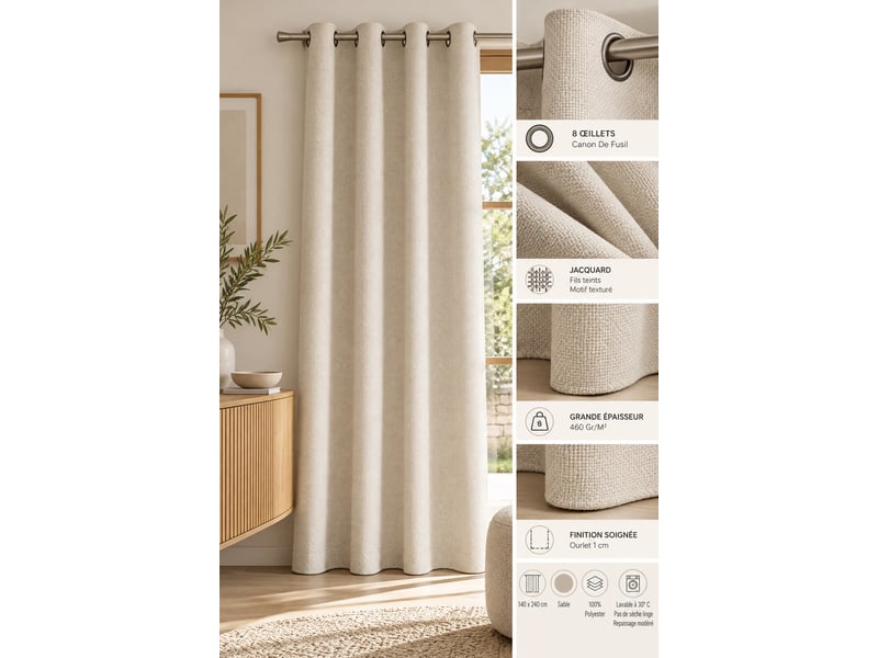  Rideau atlas sable 140 x 240 cm jacquard fils teints 8 œillets 460 gm² 15682 - Conforama B