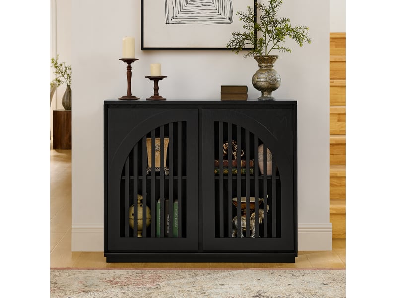  Buffet étroit style mid-century moderne avec fronts rainurés et 2 passages de prise, meuble de rangement noir pour salon, entrée, cuisine ou coin café 4071258408425 - Conforama A