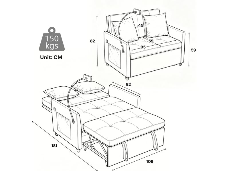  Canapé convertible 1 place 109 x 72 x 83,5 cm en tissu polyester avec port usb et support pour tablette gris chicfurn  - Conforama D