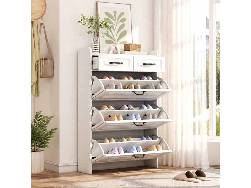 Meuble à chaussures 80x23.5x131 cm, 3 abattants et 2 tiroirs, blanc - Conforama B