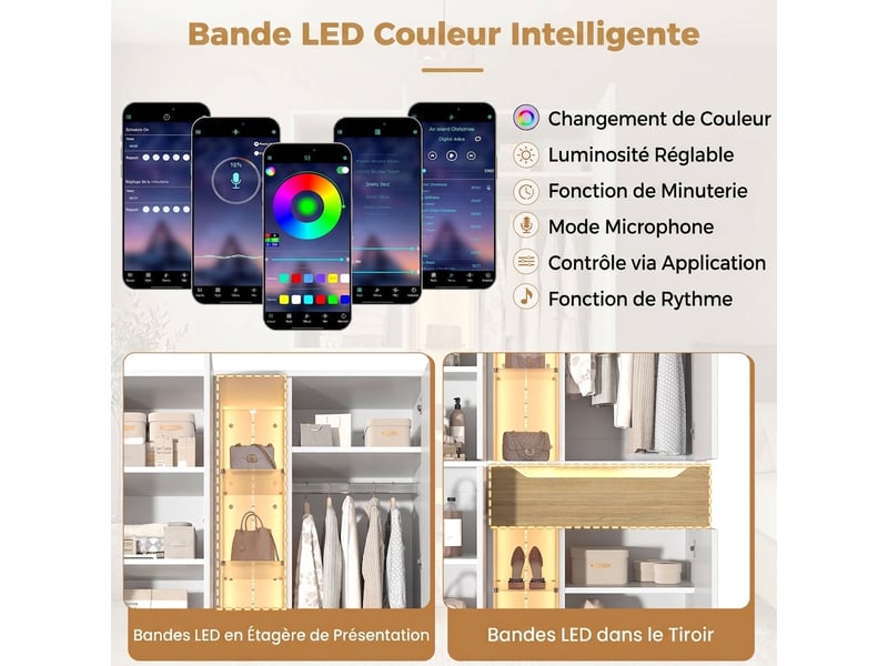  Armoire blanche avec éclairage led, penderie avec vitrine en verre, 122x50x200 cm  - Conforama W