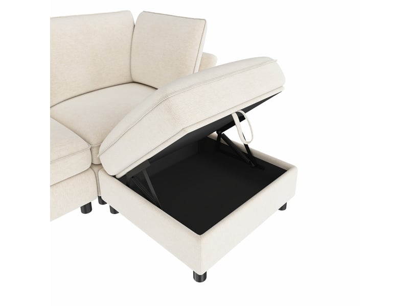 Canapé d'angle modulaire 6 places en tissu beige avec 2 poufs de rangement, composition libre en u ou l - Conforama D