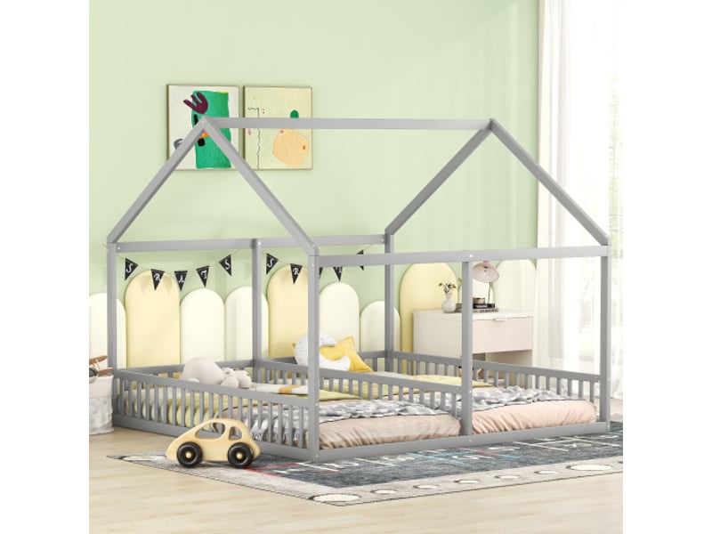  Lit cabane 90x200 cm, lit enfant avec barriére de protetion, en bois de pin, gris, sans matelas  - Conforama C