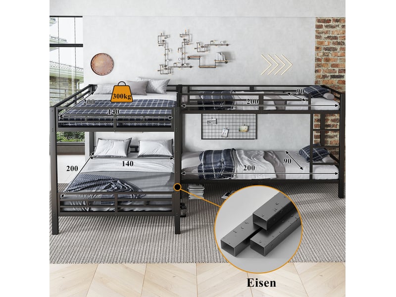  Lit superposé en métal noir 90x200 et 140x200 cm avec échelle à 3 marches  - Conforama E