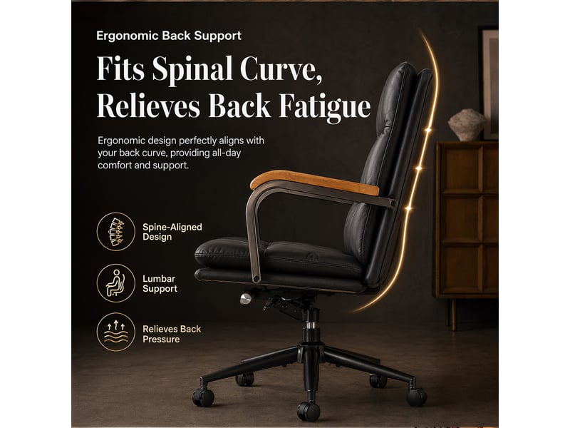 Chaise de bureau en cuir noir ergonomique réglable en hauteur avec accoudoirs en chêne et roulettes - Conforama W