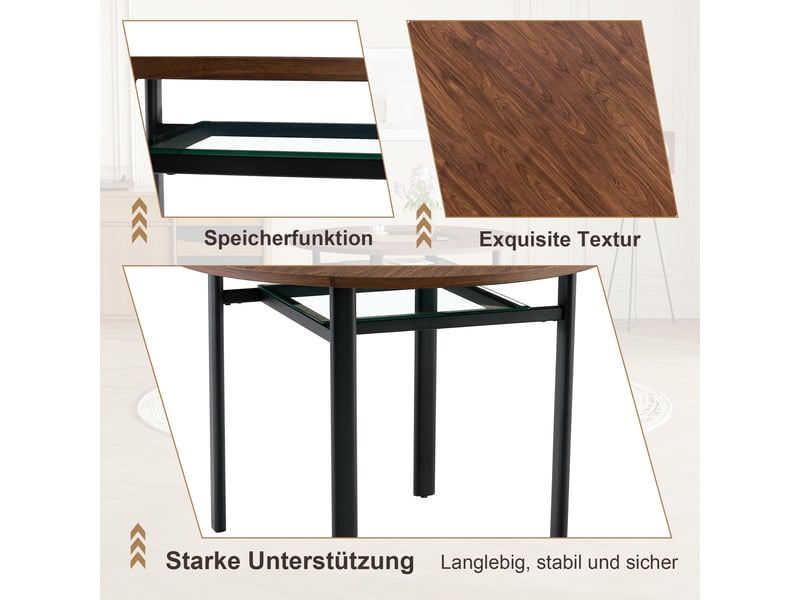 Ensemble table ronde et 4 chaises, plateau mdf effet bois brun avec verre trempé, diamètre 100 cm, sièges blancs en similicuir - Conforama R