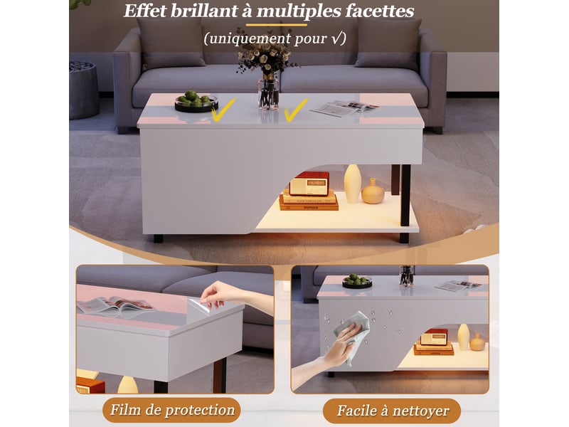  Table basse relevable avec rangement caché et étagères réglables pour salon, en panneau de particules blanc, 50 × 100 × 46 cm  - Conforama E