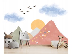 Papier peint  panoramique  intissé  montagnes oiseaux coloré - 350x250 cm - papier peint  enfant