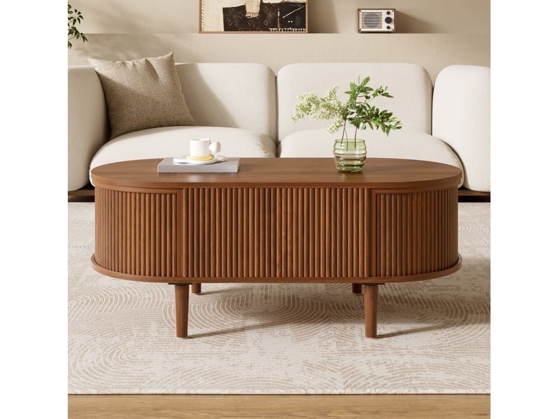  Table basse ovale relevable 100x48x54,5 cm coloris noyer avec rangement  - Conforama E