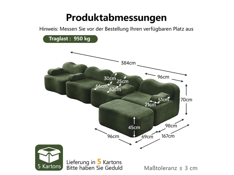  Canapé d'angle modulable 4 places en velours vert, structure sans dossier avec coffre de rangement intégré et ottoman pour salon moderne  - Conforama C