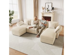 Canapé d’angle en u modulable 6 places 290 x 159,5 x 89 cm avec accoudoirs réglables, 2 poufs amovibles, velours côtelé - beige