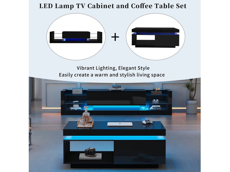 Ensemble meuble tv et table basse 181 x 38 cm – noir brillant – éclairage led usb bluetooth intégré - Conforama E