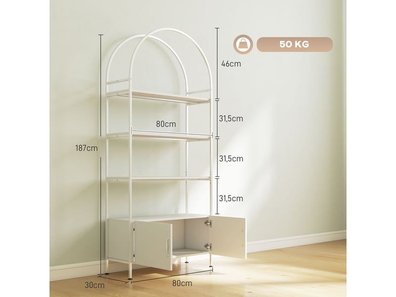  Étagère de rangement, bibliothèque arquée à 4 niveaux avec placard double porte, 80 x 30 x 187 cm, blanc  - Conforama E
