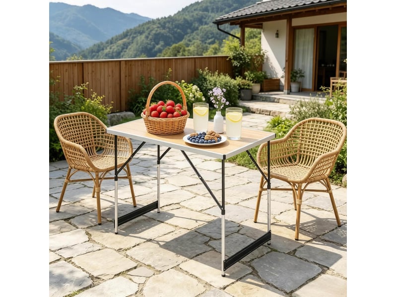  Table de camping pliable réglable en hauteur 100 x 60 cm, plateau mdf décor bois clair et cadre aluminium pour vos sorties  - Conforama E