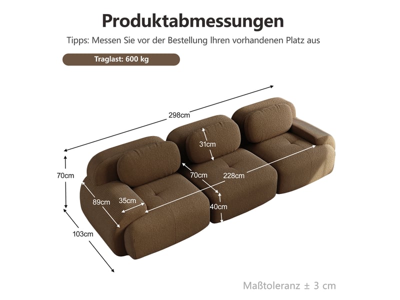  Canapé modulaire 298x103x70cm 3 places, montage simplifié, structure sans cadre, meuble de salon, velours côtelé, brun  - Conforama C