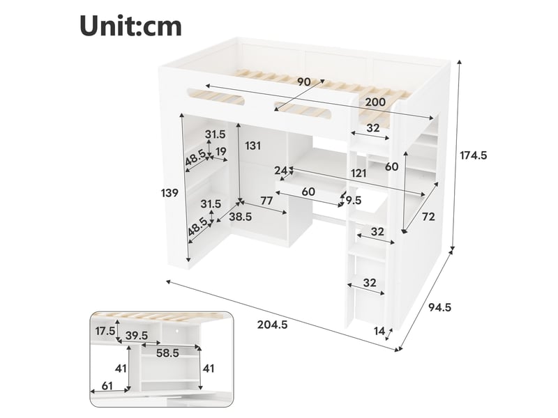  Lit mezzanine modenvie 90 x 200 cm avec bureau, armoire ouverte, 1 tiroir, étagères, led et port usb, bois et mdf blanc  - Conforama C