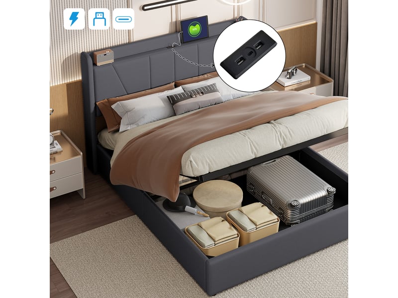 Lit coffre 2 places 160x200 cm, lit adulte double avec rangement, 2 ports usb et 1 type-c, design simple, lin gris - Conforama R