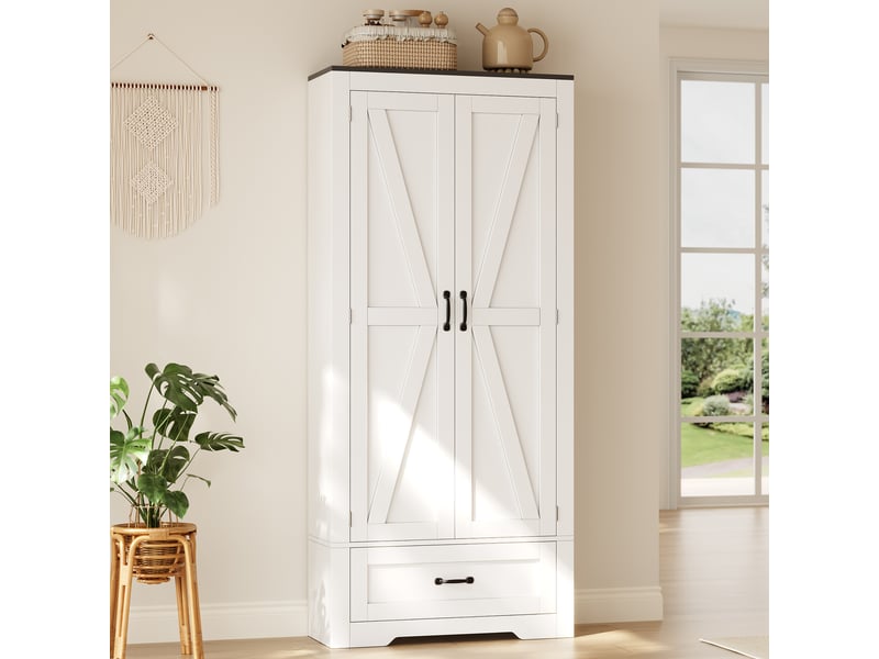  Meuble cuisine 80x35x183 cm avec 2 portes, tiroir et étagères réglables, armoire de rangement haute style campagne pour cuisine salon - blanc  - Conforama D