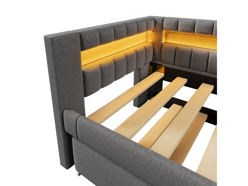 Lit banquette 90x200 gris avec lit gigogne - éclairage led intégré, ports usbtype-c, revêtement lin - Conforama R