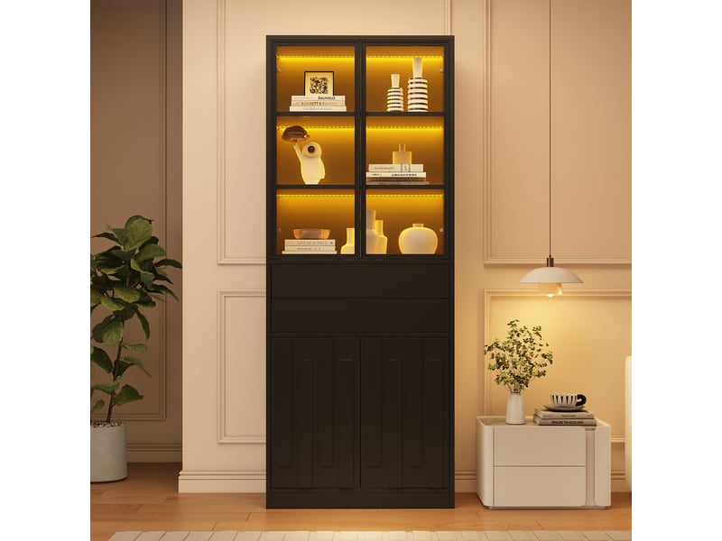  Vitrine haute avec led, portes vitrées et 2 tiroirs, noir, 70x34x180 cm  - Conforama B
