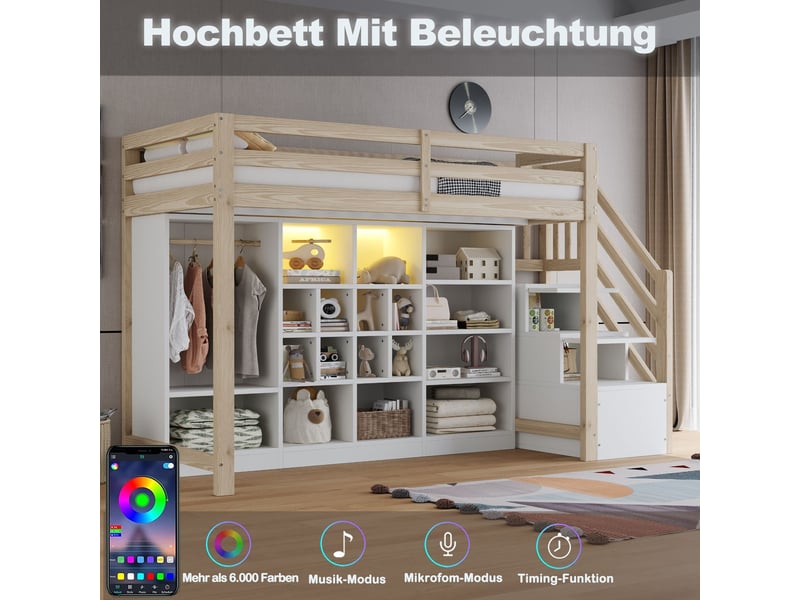  Lit mezzanine 90x200cm avec armoire et étagères - lit simple - bois et blanc, échelle rangement, éclairage led  - Conforama E