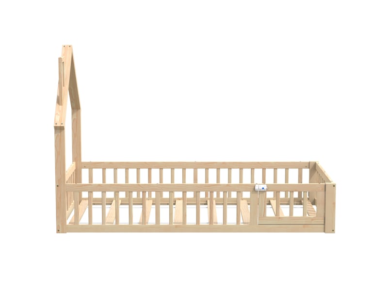  Lit cabane enfant 200×90 cm avec toit en forme de cheminée et barrières, avec sommier à lattes, sans matelas, naturel  - Conforama E