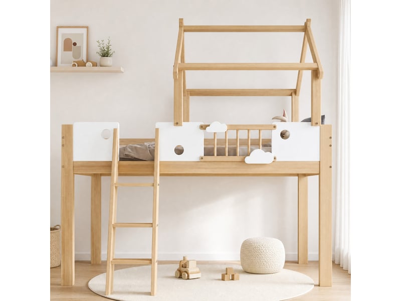 Lit mezzanine 90x200 cm avec garde-corps et échelle à 3 marches en bois et mdf, coloris blanc et naturel - Conforama C