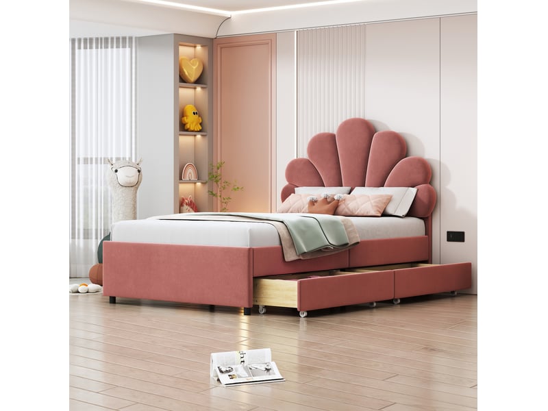  Lit enfant 90x200cm, tête de lit et sommier, lit simple avec 2 tiroirs de rangement, velours rose, sans matelas  - Conforama B