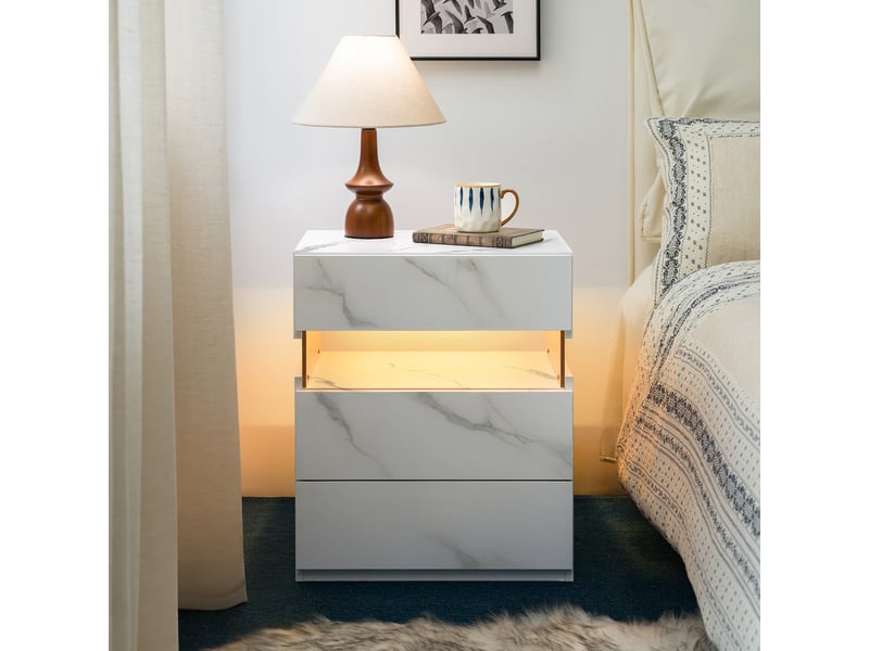  Table de chevet led blanc pierre, 3 tiroirs, panneau acrylique, design moderne  - Conforama B