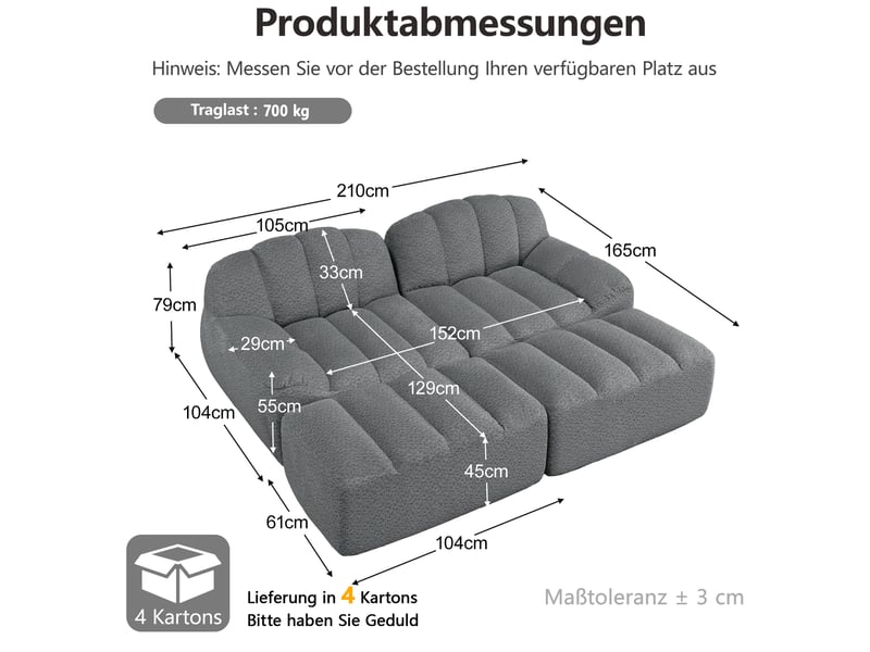  Canapé panoramique coquille 2 places, 2 poufs gris – 210 x 165 x 79 cm Fay Lum - Conforama C