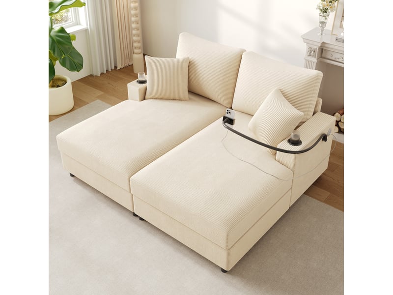 Canapé convertible 2 places en velours côtelé beige avec support téléphone, ports usb et usb-c - Conforama C