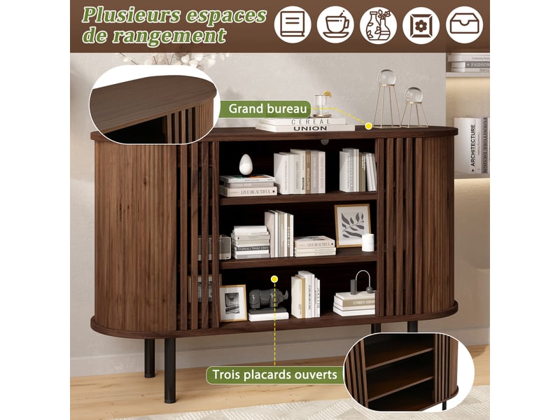  Buffet rangement 120x40x80 cm 3 niches ouvertes pieds métal réglables mdf et panneaux de particules noyer  - Conforama D