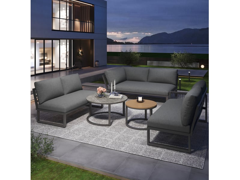 Salon de jardin d'angle 6 à 7 places gris métal et polyester, 2 tables basses, pieds réglables, coussins inclus - Conforama B