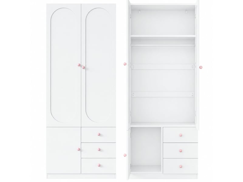 Lot de 2 armoires 80 x 50 x 200 cm, 2 portes, penderie, tiroirs et tringle pour chambre enfant, poignées céramique roses, laqué blanc ABC - Conforama D