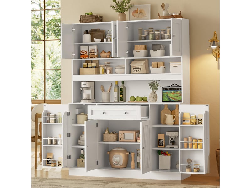  Buffet de cuisine - 140 x 40 x 185 cm - grand meuble de rangement avec tiroir, étagères réglables et prise - blanc crème  - Conforama C