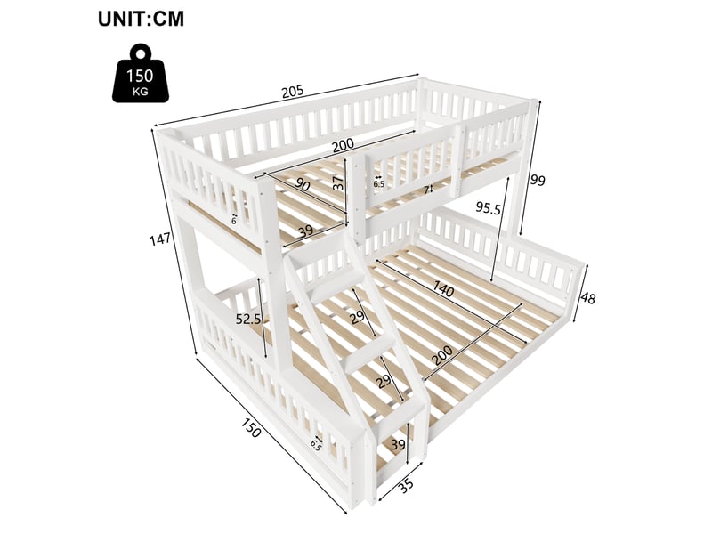 Lit superposé enfant 90x200 et 140x200 cm avec échelle et barrières, blanc - Conforama C