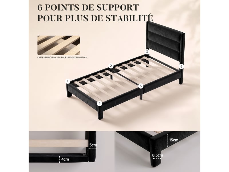  Lit 90x200 cm, lit 1 personne avec sommier à lattes en bois, cadre de lit métallique avec tête de lit rembourrée, charge maximale 300 kg, noir  - Conforama C