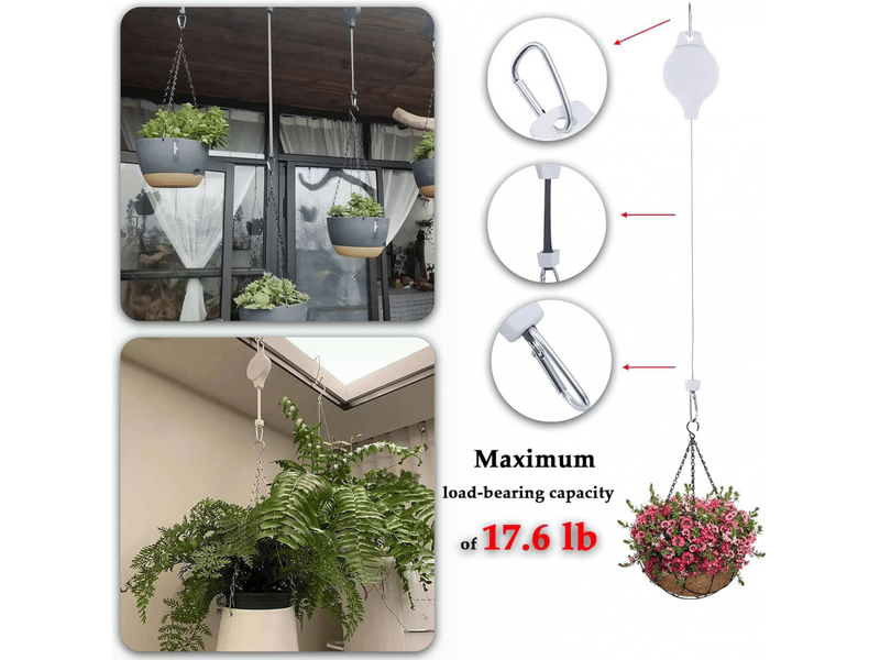  Crochet rétractable 4 pièces blanc pour plantes suspendues, paniers, pots et mangeoires - réglable en hauteur, poulies incluses  - Conforama C