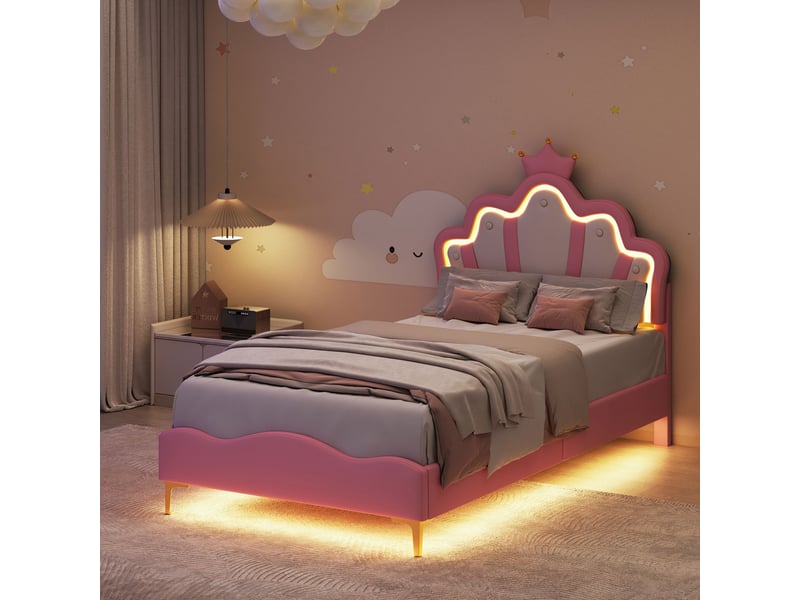 Lit princesse 90x190cm lit une place jeune avec tête de lit couronnée, led et sommier à lattes, rangement sous lit pour chambre de fille,sans matelas, pu,rose - Conforama E
