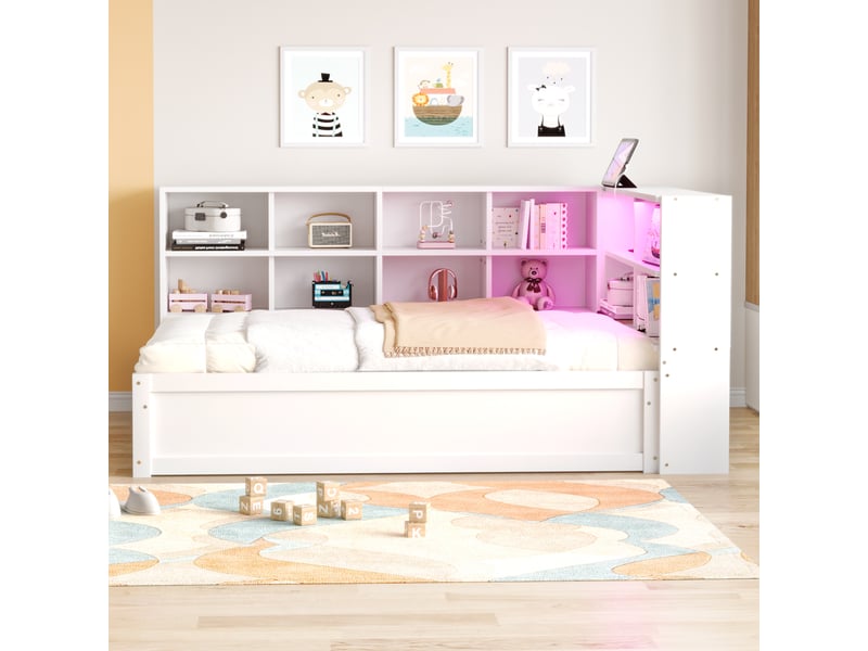  Modenvie lit banquette 90x200 cm - avec rangements et prise intégrée, avec télécommande - blanc  - Conforama D