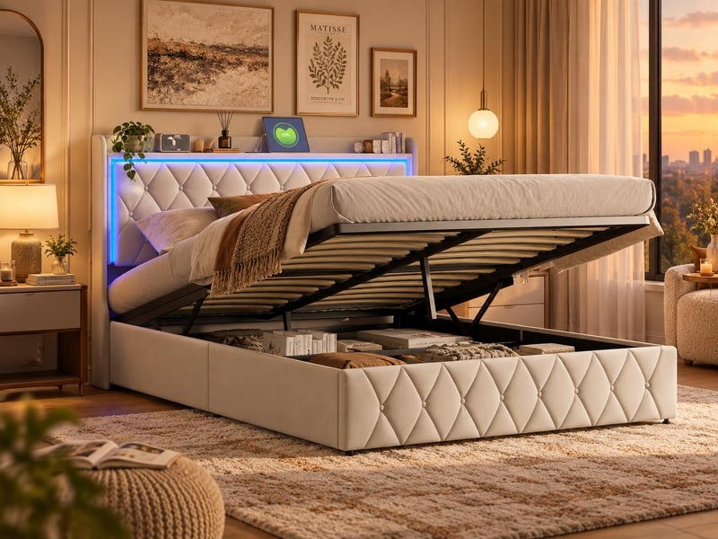  Lit coffre 160x200 cm - led intégrée et port usb - tête de lit avec rangement - velours - sommier inclus  - Conforama B