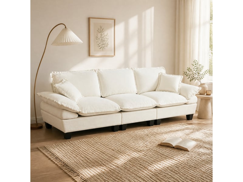  Canapé 3 places en tissu chenille beige 264x85x90 cm avec accoudoirs amovibles  - Conforama B