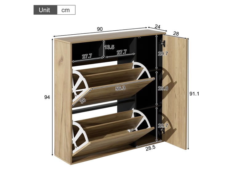  Meuble à chaussures 2 abattants et 1 porte 90x24x94 cm naturel et noir  - Conforama C