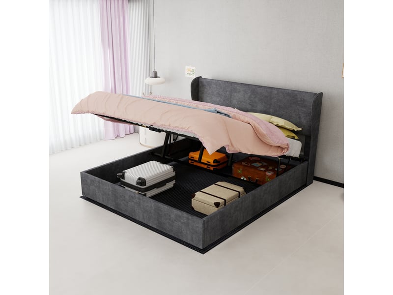  Lit adulte double 160×200 cm, tête de lit rembourrée - okmyhome- structure stable en tissu gris, sans matelas  - Conforama B