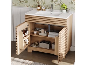 Meuble vasque sur pied 91 x 46 x 86,5 cm, avec vasque et portes, armoire de rangement, en mdf et céramique, naturel
