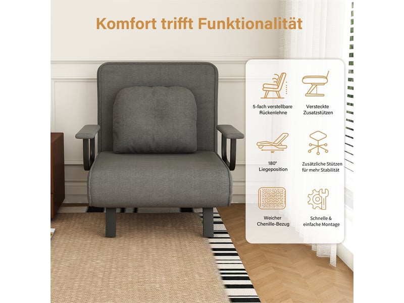  Fauteuil de relaxation convertible 60 x 60 x 80 cm – dossier réglable 5 positions lit 180° – chenille – gris  - Conforama D