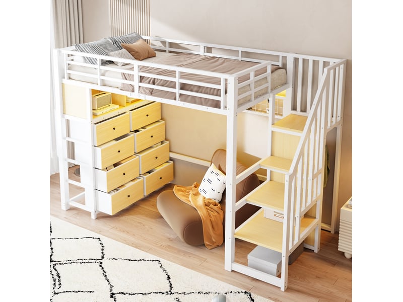  Lit mezzanine enfant 90 x 200 cm blanc avec 8 tiroirs, led et rangements  - Conforama C