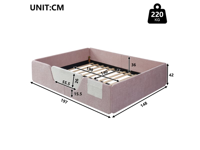  Lit 2 places enfant rembourré 140x190 cm en velours rose avec barrières amovibles  - Conforama C