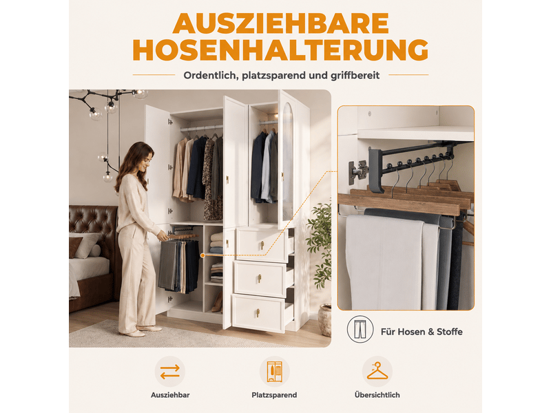  Armoire blanche 5 portes avec éclairage led 135x48x200 cm - penderie 3 tiroirs en verre strié  - Conforama D